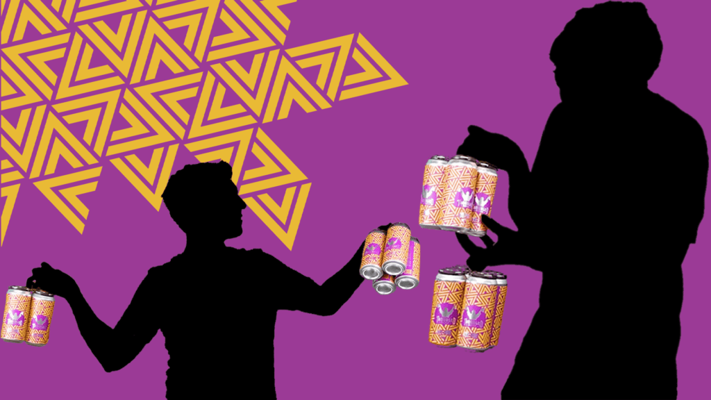 Image of Rye-Pod beer mimicking the early Iphone ads with a silhouette of a man holding up the beer and a purple and gold background 